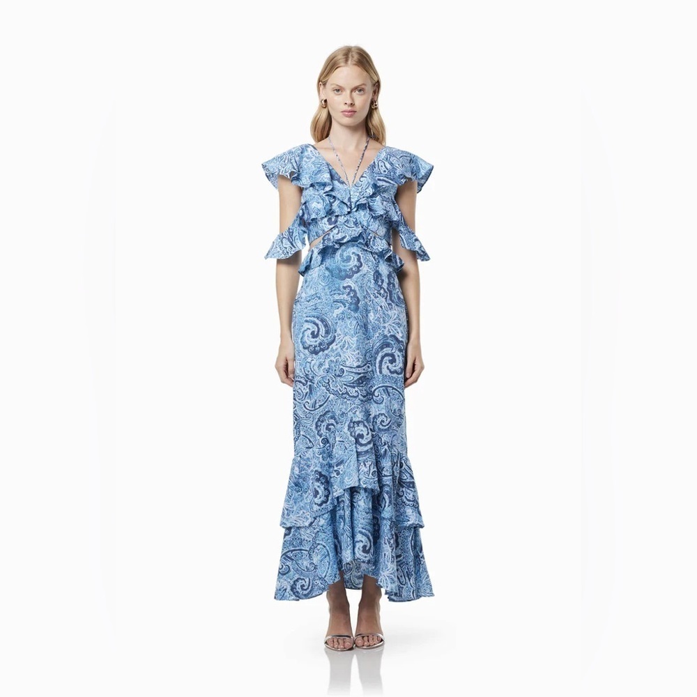Elliatt Snow Printed Linen Gown Blue Floral Wedding Guest Vacation Summer - Picture 3 of 8